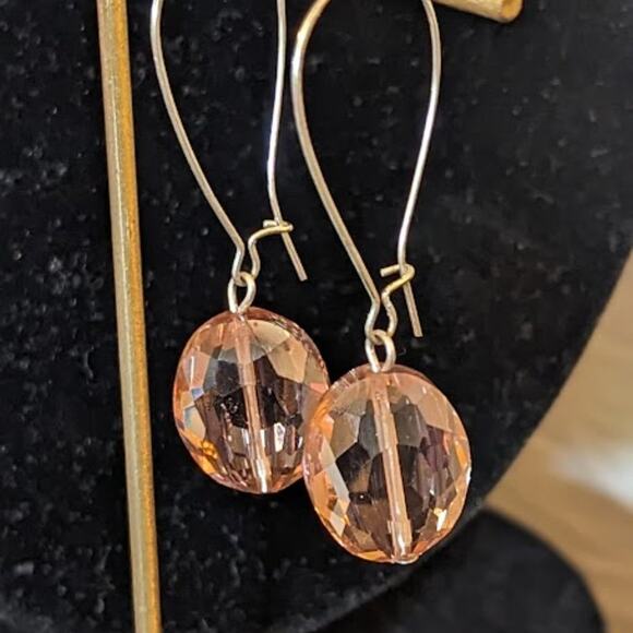 Large Peach Crystal Dangle Earrings with Long Kidney Ear Wire - Picture 2 of 6